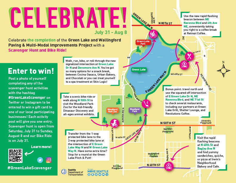 Graphic with map and information about celebratory event for completion of the Green Lake and Wallingford Paving and Multi-modal Improvements project.