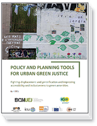 A graphic that reads "Policy and Planning Tools for Urban Green Justice" on the bottom. The top half of the graphic contains a photo of a building with art on it that looks like a school of fish.