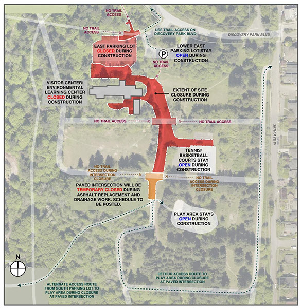 Discovery Park Environmental Learning & Visitor Center Accessibility and ADA Improvements project construction map. Image is also link to a larger version.