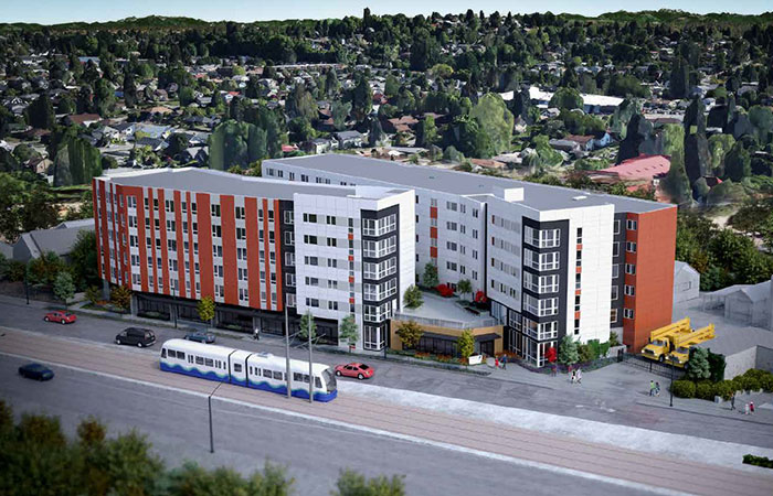 Rendering of six story multiuse building.