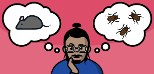 A brown man with a bun thinking about rats and bugs.