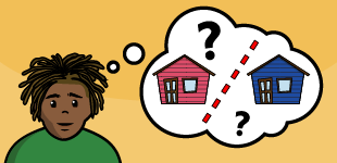 A black man with a thought bubble with two houses and a property line.