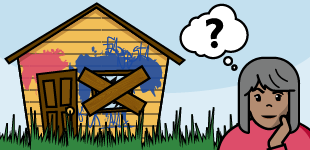 A brown with grey hair woman in front of a vacant house with a question mark in a thought bubble.