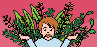 A white man with a mustache in front of an overgrown bush.