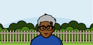 A brown man with grey hair wearing glasses standing in front of a picket fence with trees behind it.