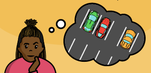A black woman with a thought bubble showing parking spots with cars in them.