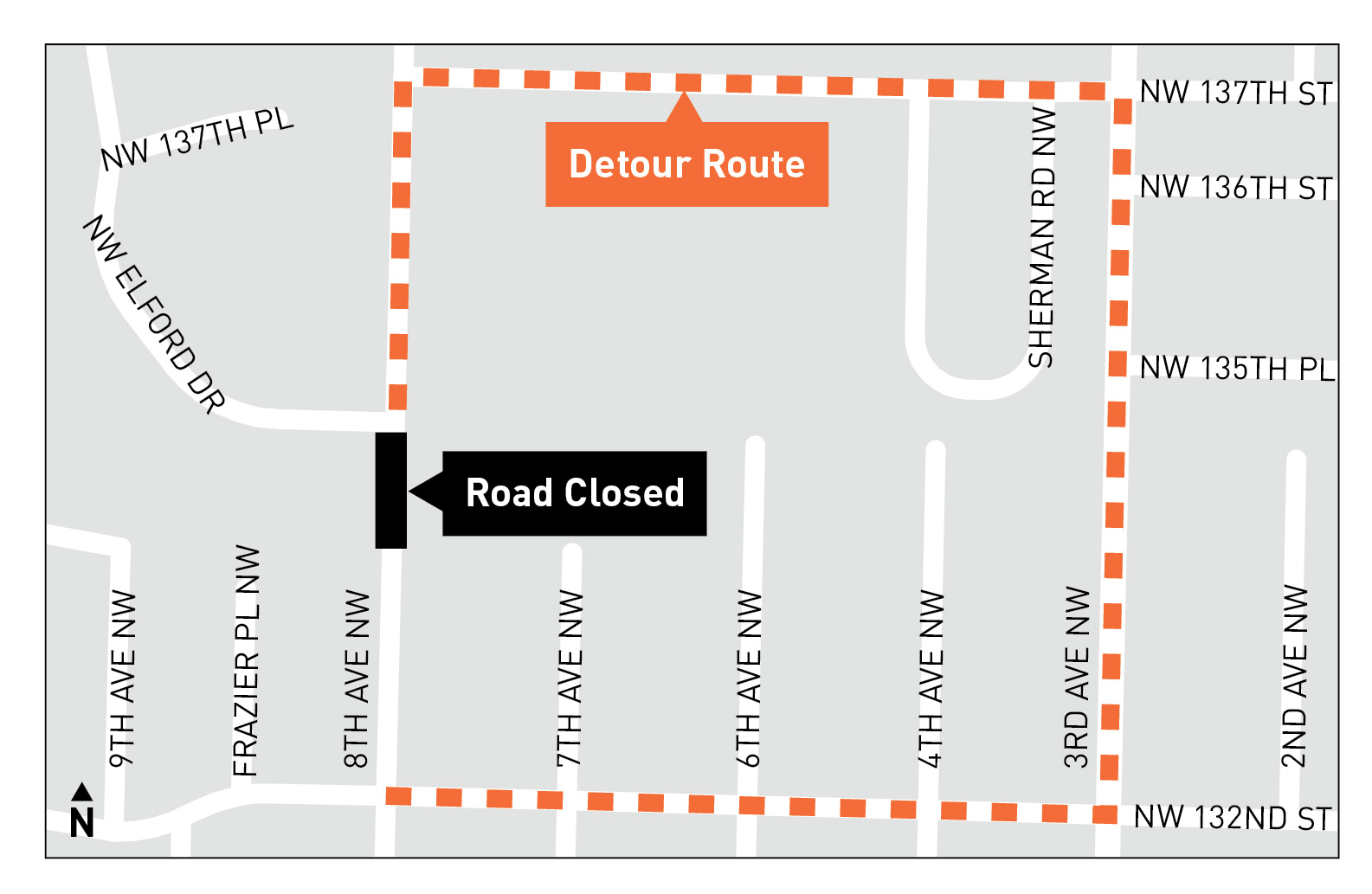 A map of the detour route for upcoming work.