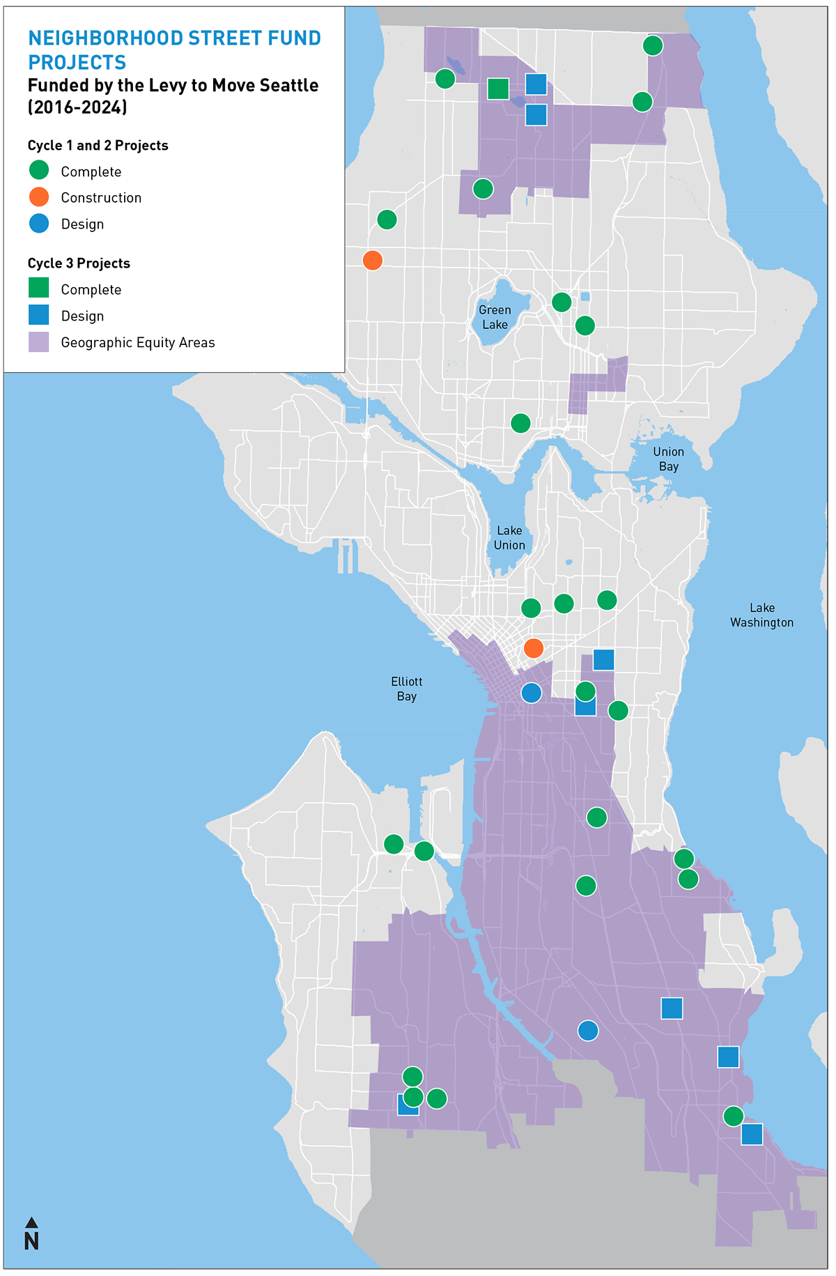 Map of Neighborhood Street Fund funded by the Levy to Move Seattle and geographic equity areas for Cycle 3 