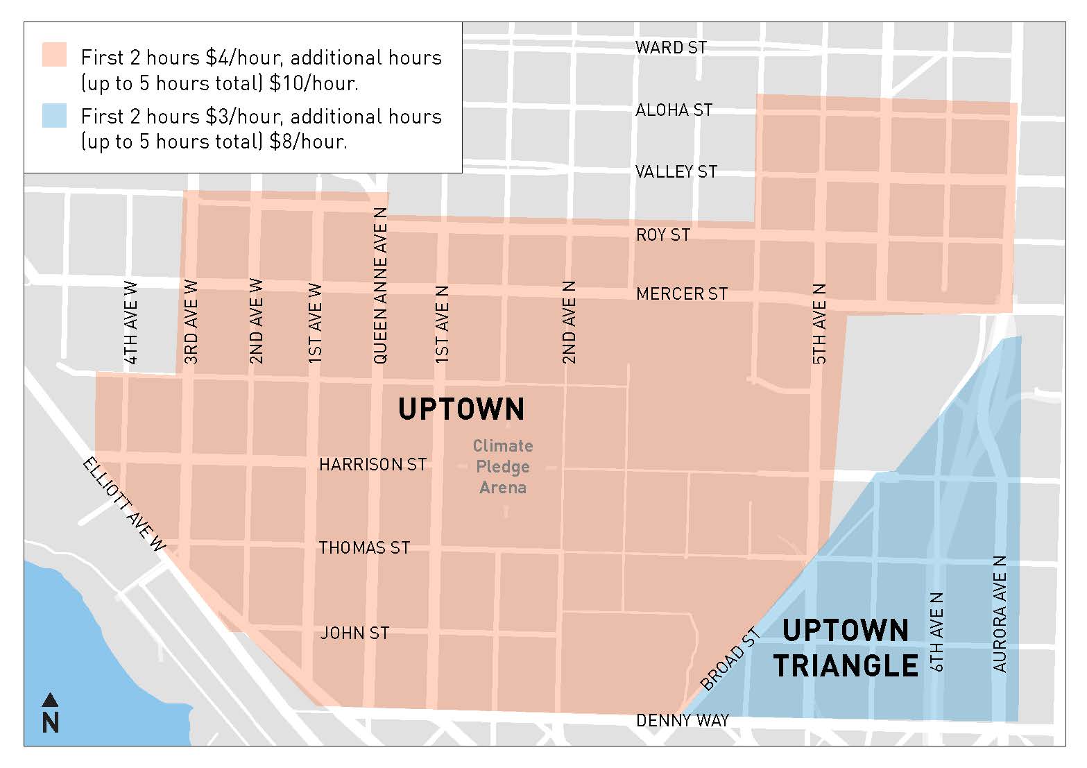 Map depicts two different areas paid parking areas: Uptown, west of Broad Street and Uptown Triangle