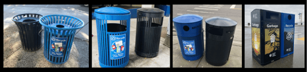 composite image showing four different styles of garbage and recycling cans in use around the city.