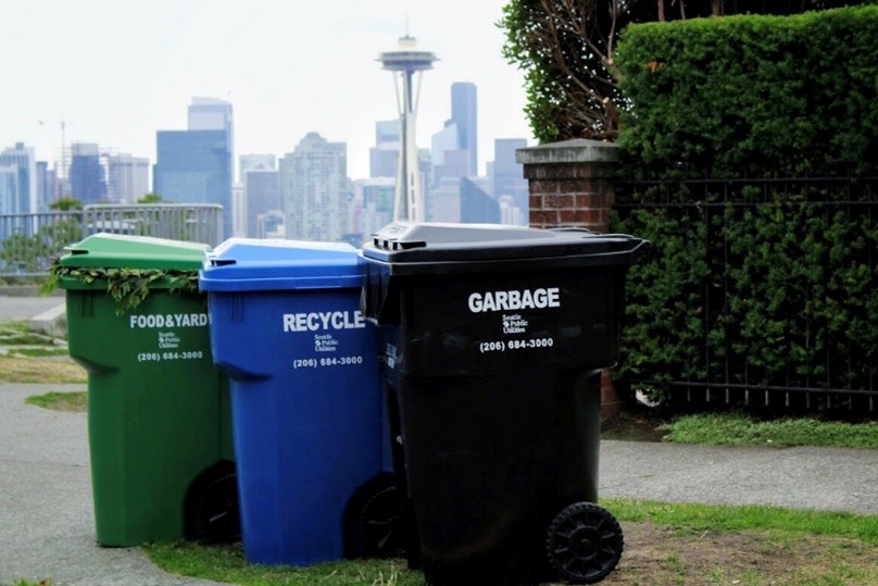 Garbage, recycling, and food and yard waste bins.
