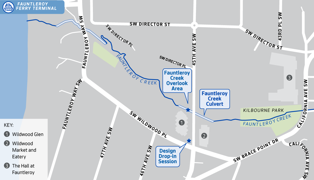 map of area around Fauntleroy Creek showing culvert under 45th St SW, and noting location of Wildwood Glen, Wildwood Market and Eatery, and The Hall at Fauntleroy.