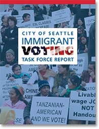 A screenshot of the cover of the red, white, and blue print version of the Immigrant Voting Task Force Report.