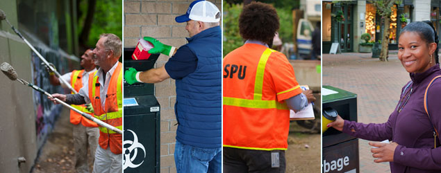 A composite photo of SPU employees working with RV remediation, painting out graffiti, and people using garbage and sharps bins. 