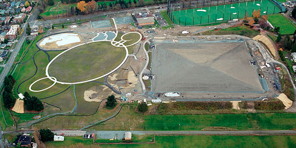 Photo shows an aerial view of Beacon Reservoir and Jefferson Park construction in 2009.