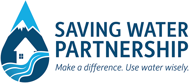Graphical logo in the shape of a water droplet with depictions of mountains, river, and a house with the text: Saving Water Partnership with tagline; Make a difference. Use Water Wisely