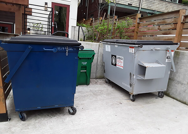 Image shows three containers at a multifamily residence: grey dumpster is garbage, blue dumpster is recycling, and green cart is food and yard waste.