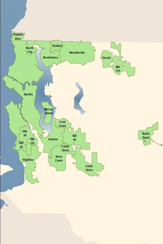 Graphic showing map of the Saving Water Partnership service area in the Puget Sound region with water districts highlighted in a contrasting color