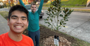 Two men smiling and standing with a tree