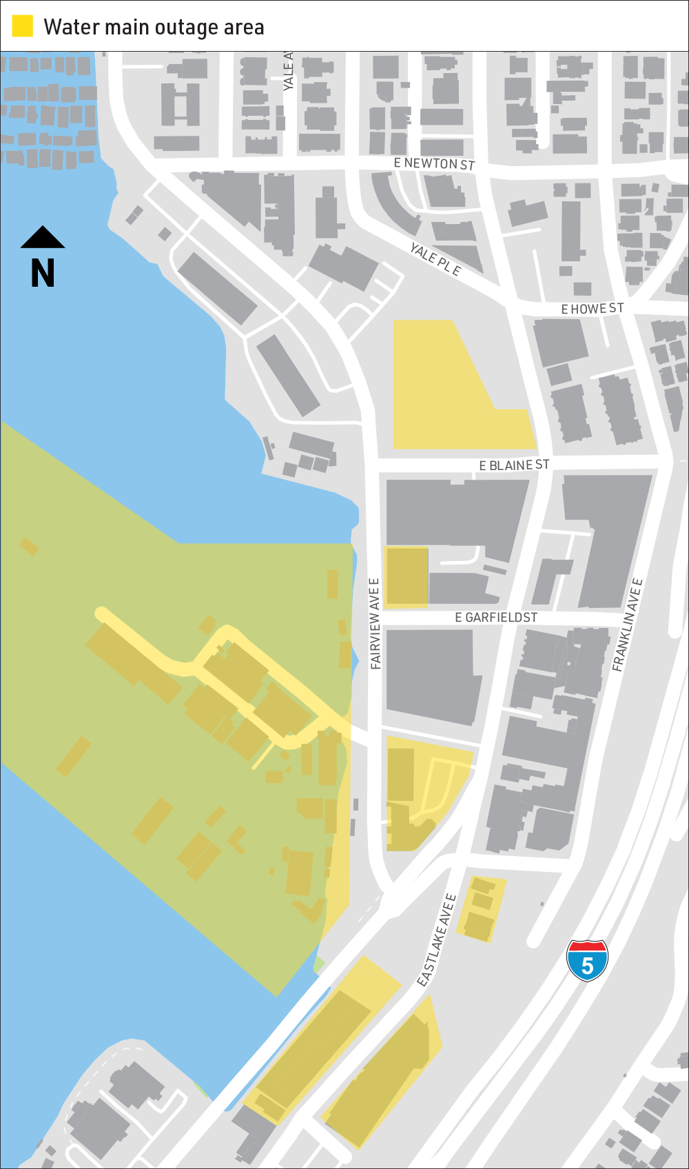 Image shows water outage map for properties near E Galer St