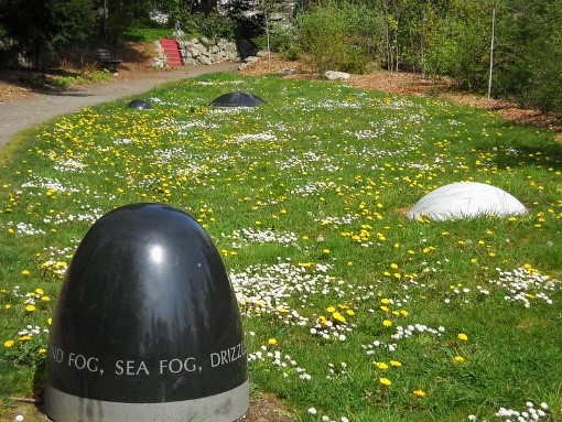 a grassy field covered with yellow and white flowers. Sculptures of dome-shaped discs are placed throughout the field.