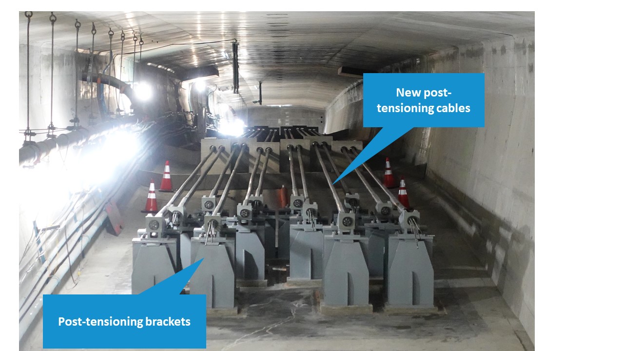 Photo looking down the row of tensioned cables (or strands) inside a high bridge central span girder. Photo credit: WSP