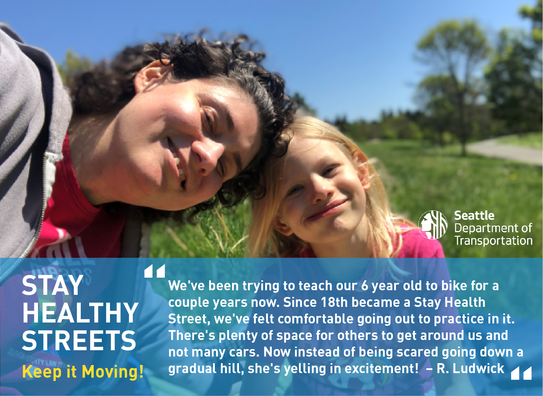 Smiling mom and daughter with quote, 