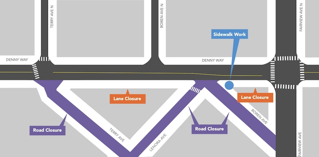 Map showing work areas on Denny Way