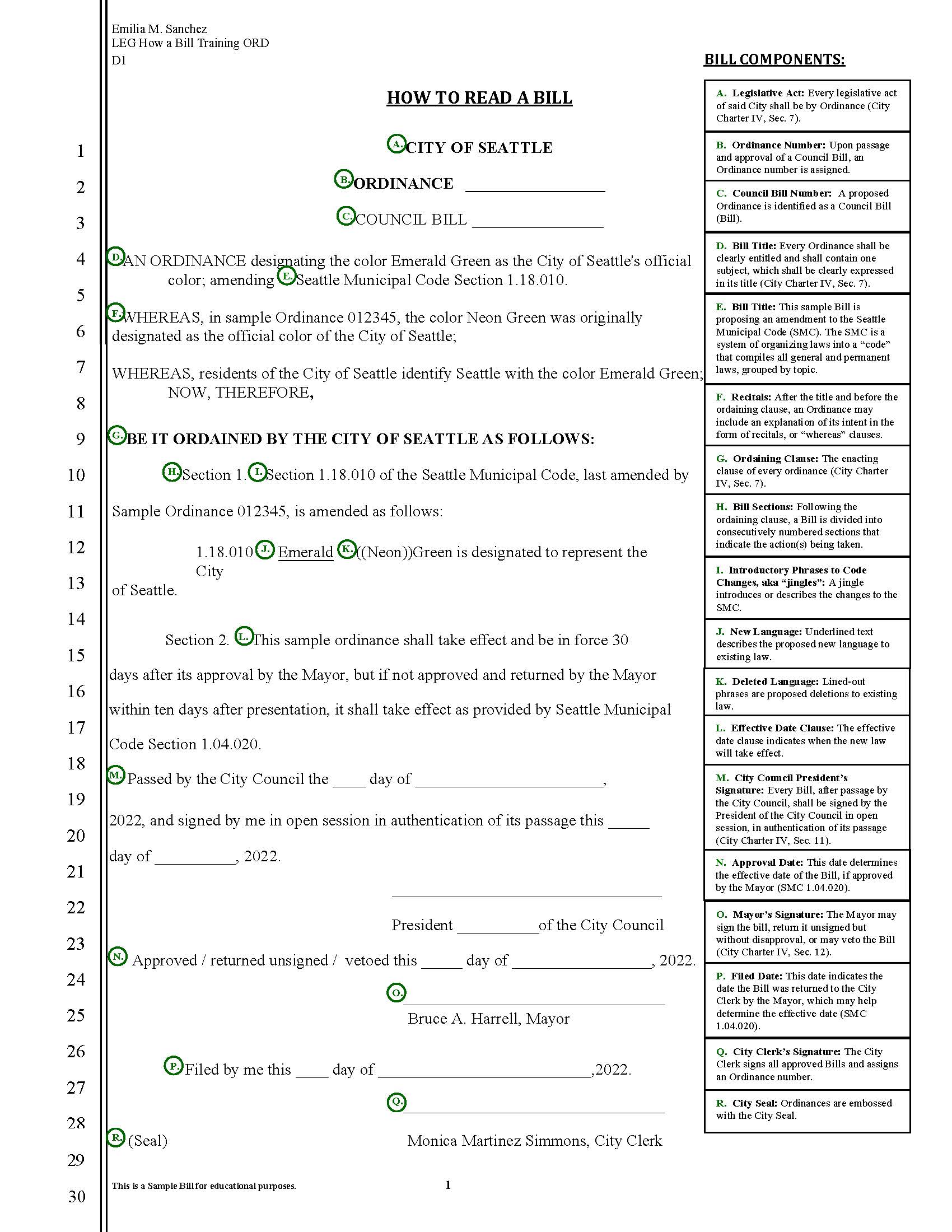 Sample one-page Council Bill. Line numbers go down the left edge of the page. City of Seattle and spaces for the ordinance and council bill numbers are at the top of the page. The numbers are not filled in. Ordinance text follows with signature and date lines at the bottom of the page. No signatures or dates are present.