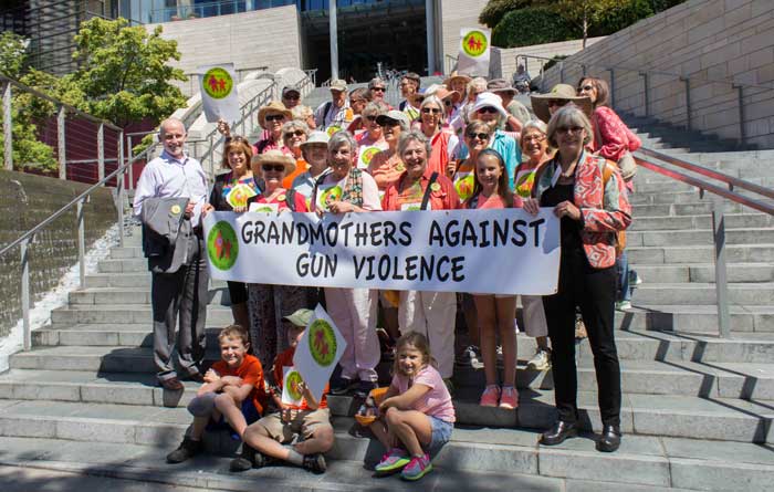 Grandmothers Against Gun Violence and Councilmembers Tim Burgess and Sally Bagshaw in front of Seattle City Hall