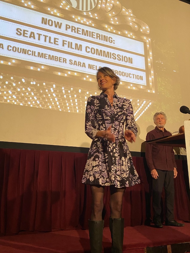 Councilmember Sara Nelson premiering the Seattle Film Commission with Tom Skerritt