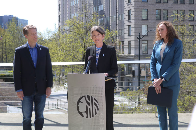 Councilmembers Sara Nelson and Alex Pedersen, along with City Attorney Ann Davidson, proposing legislation to curb public use of drugs