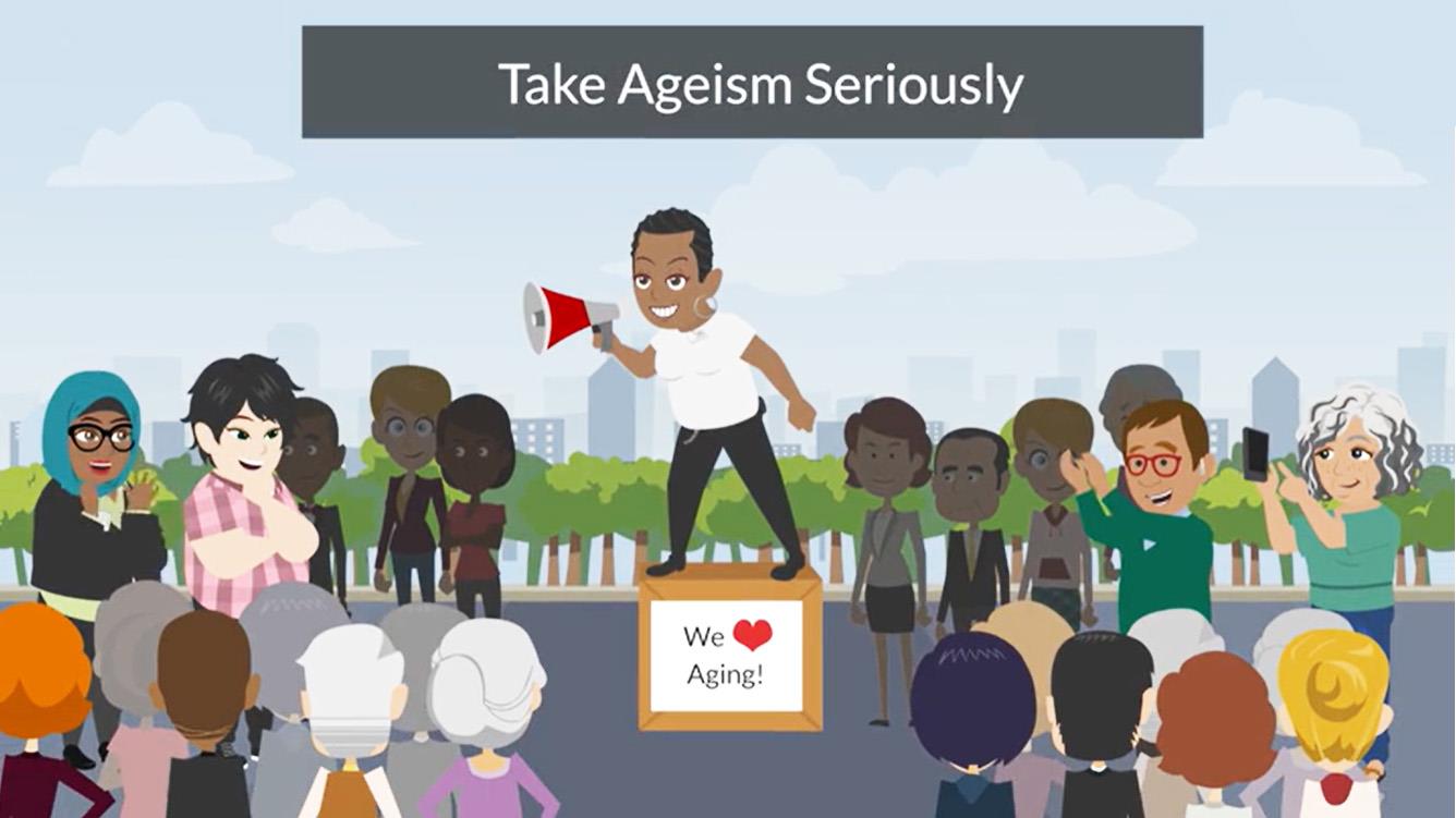 Animated image of a person with a megaphone speaking to a crowd of people