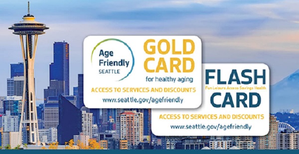 downtown Seattle skyline with prominent Space Needle, plus images of the Gold Card for Healthy Aging and FLASH card for people with disabilities