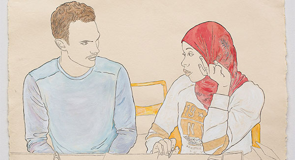 A woman wearing a hijab fills out an application, and a man sits, helping nearby.