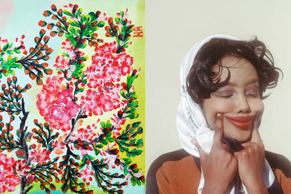 Composite of both artists' work: pink flowers on the left, photo of a Somali woman pushing up her cheeks in an exaggerated smile on the right.