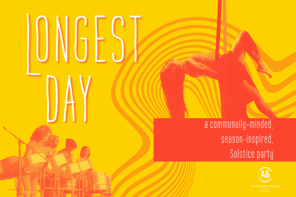 An aerialist hangs gracefully, long hair hanging and a steel drum band.