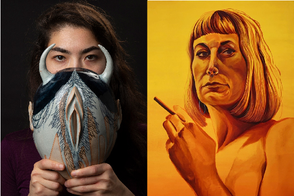 Details from: War Mask 1, Hanako O’Leary, clay and glaze, 2018 and  Self-Portrait with Clove Cigarette 2, Molly Vaughan, oil on canvas, 61 x 5 in., 2020 