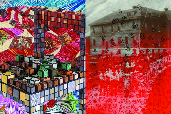 Details from two artworks; Left: A colorful wooden chair made of colorful cubes in front of a mosaic background; Right: Red hues with black marker drawings of flowers on top of a black and white photo of a building. 