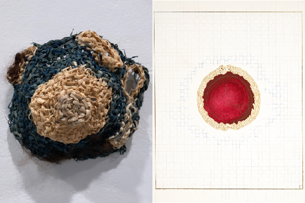 Two artworks side-by-side: "The Desquamation of Everything I Built Up for the World to See" by Le'Ecia Farmer and "Holy Stain I" by Eymah Nuzhat.