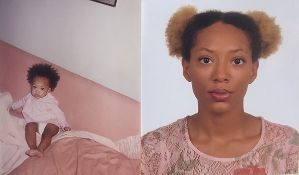 side by side images of a portrait of a Black woman with buns and a pink shirt next to a picture of her as a baby on a pink bed