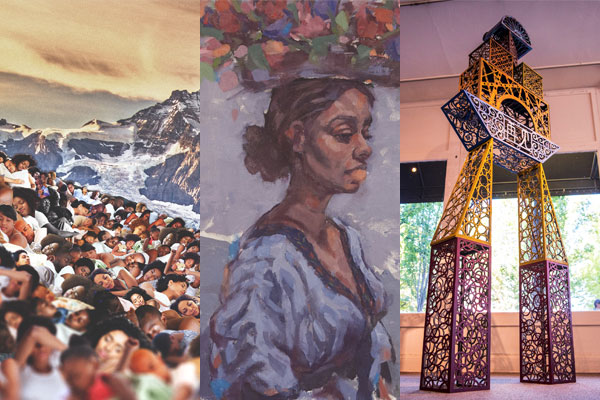 Wave of Black and Brown people sleeping in front of a mountainscape. Painting of Black woman carrying flowers on head. Sculptural archway made of large building blocks.
