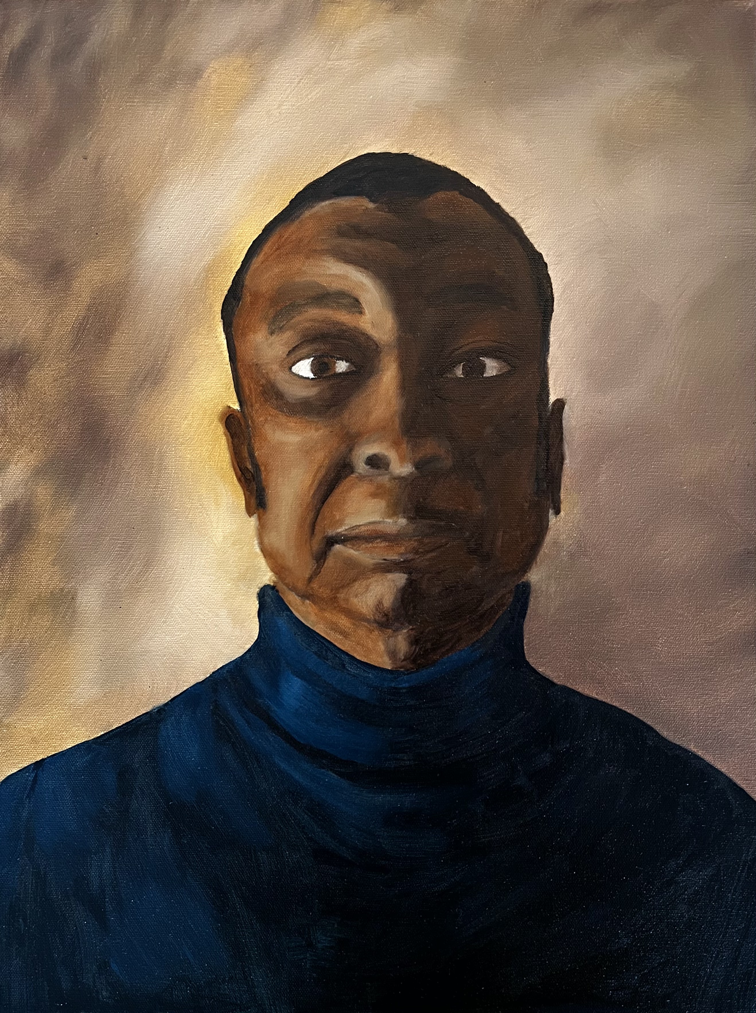 Self portrait painting of JW Harrington, a Black man from the shoulders up wearing a blue turtle neck with a serious expression on a brown background.
