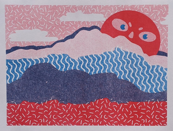 A stylized sun with angry eyes peers above the mountains.
