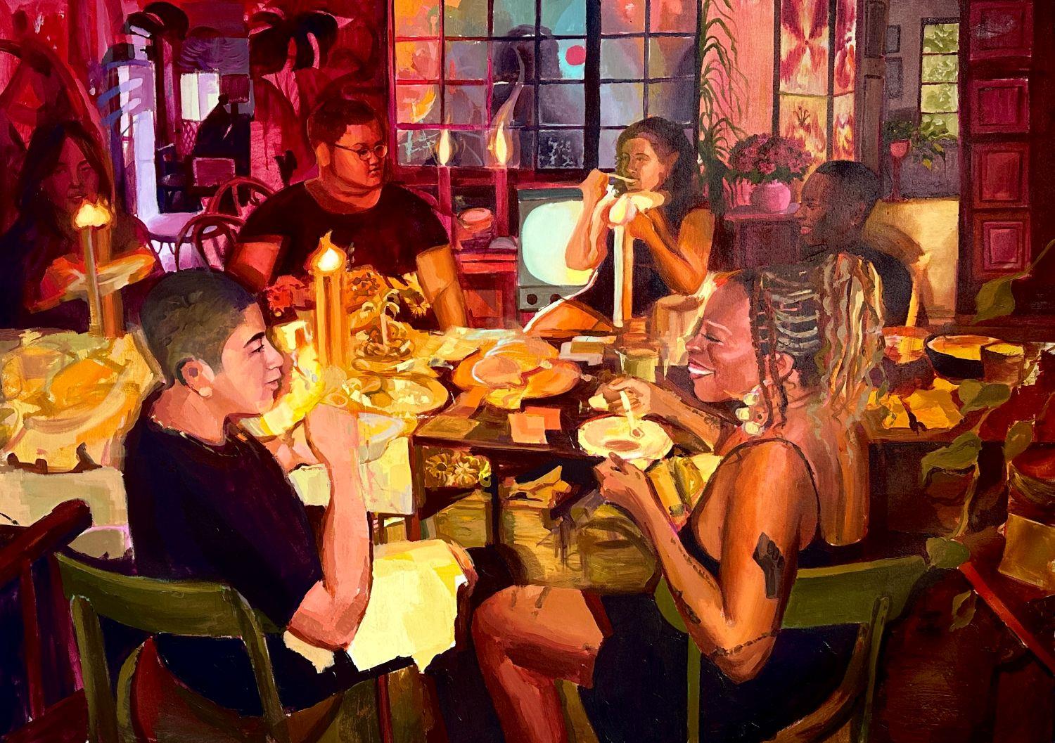 Painting of a group of young Black people eating at a dinner table.
