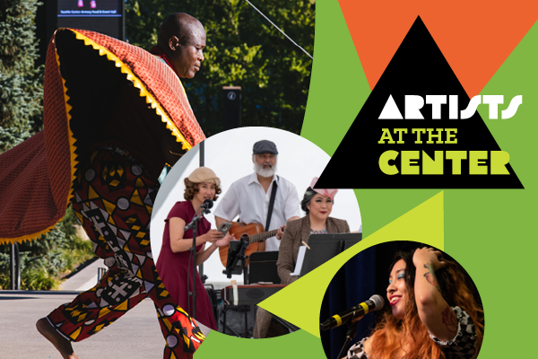 Collage of different performers: a man wearing brightly patterned and colored African dress, a trio of musicians, and someone standing at a mic.