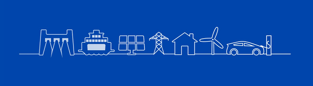 Graphic of a dam, ferry, solar panels, transmission lines, house, windmill, and electric vehicle