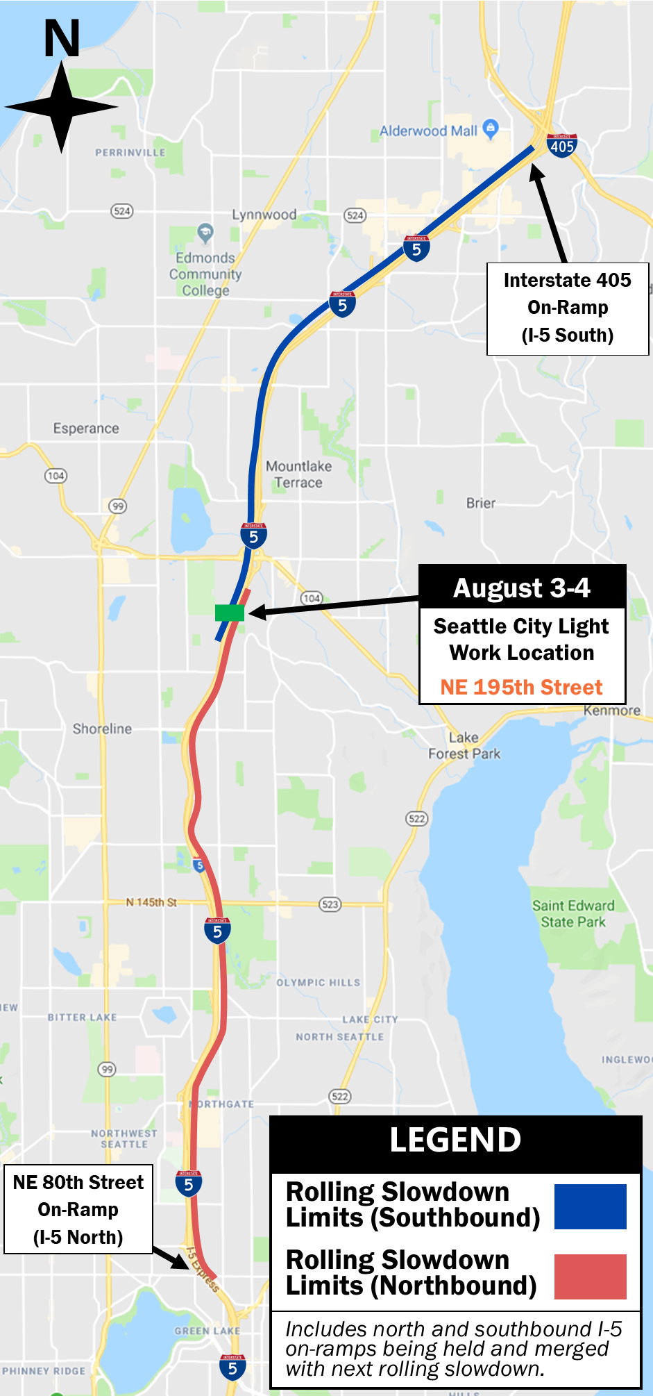 Limits of rolling slowdowns on I-5 from Aug. 3-4
