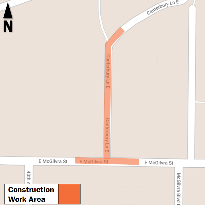 Map of construction work area along Canterbury Lane East