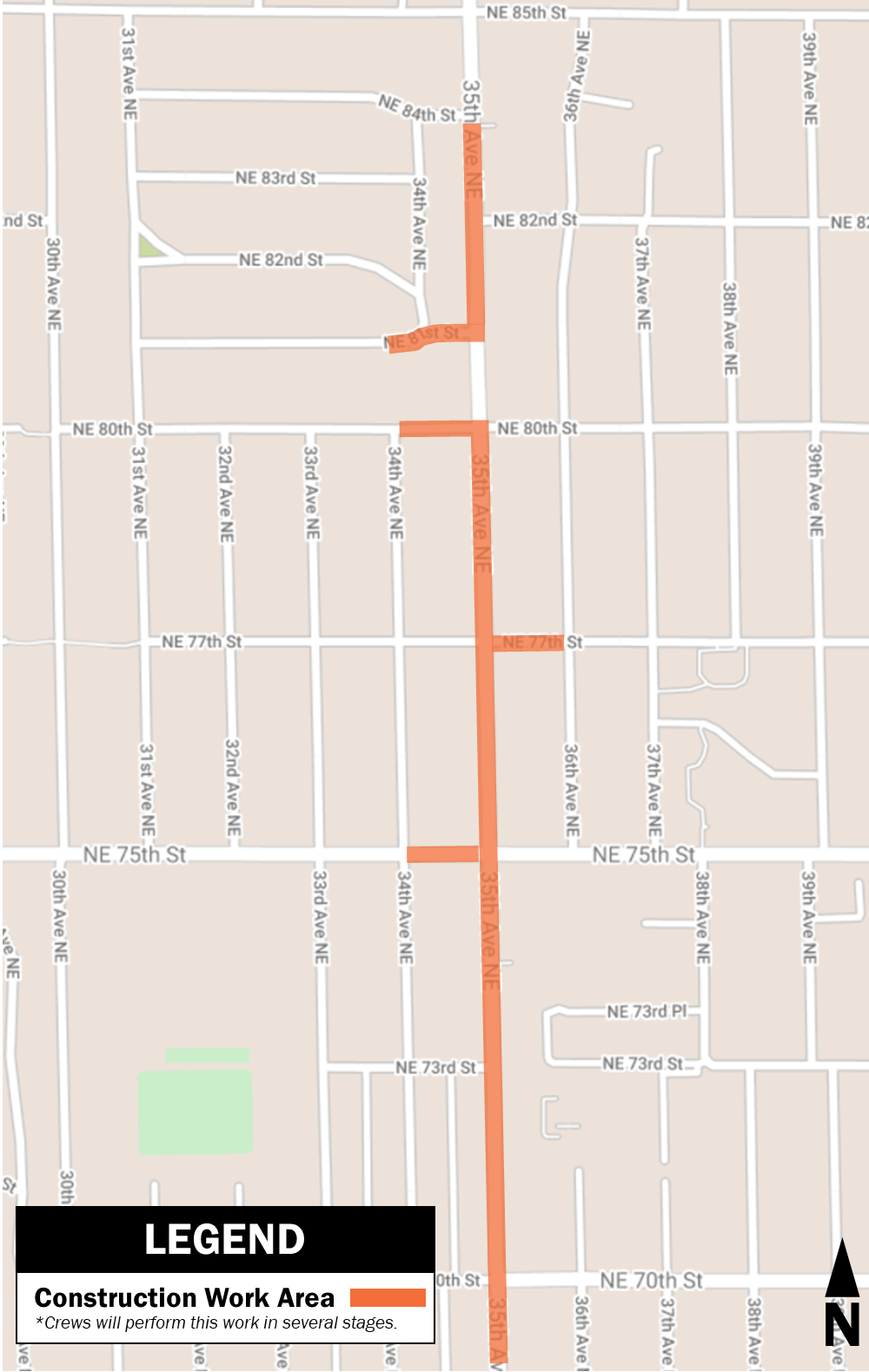 Map showing construction work area on 35th Avenue NE